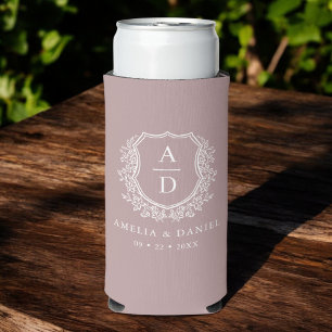 Mauve Crest Botanical Monogram Wedding Seltzer Can Cooler