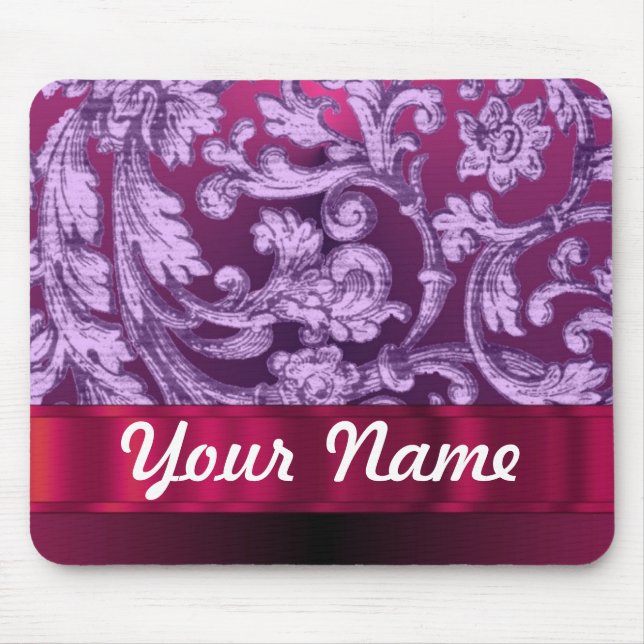 Mauve damask floral pattern on magenta mouse pad (Front)