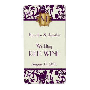 Mauve Damask Monogram Wedding Mini Wine Labels