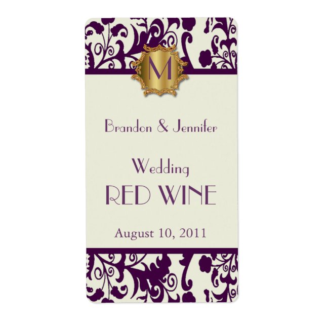 Mauve Damask Monogram Wedding Mini Wine Labels (Front)