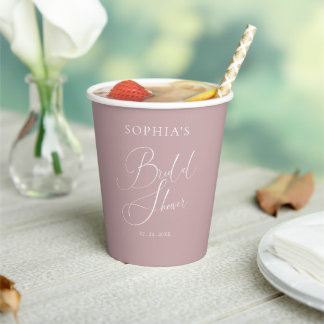 Mauve Dusty Rose Elegant Calligraphy Bridal Shower Paper Cups