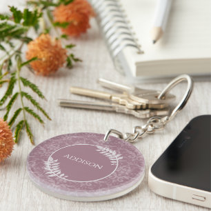 Mauve Elegant Damask Personalized Keychain