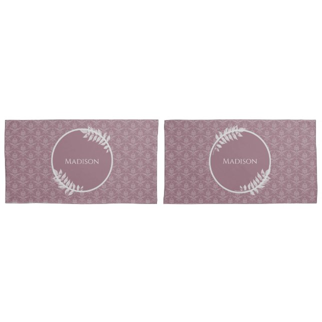 Mauve Elegant Damask Personalized Pillow Case (Front-Set)