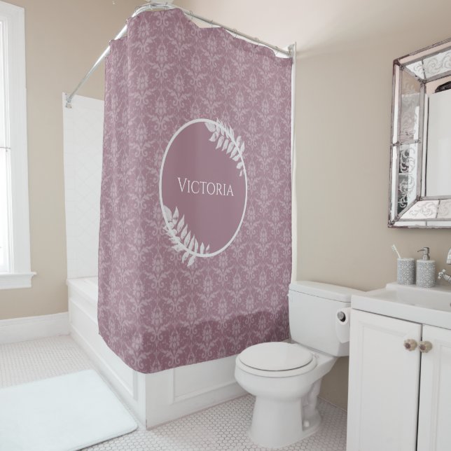 Mauve Elegant Damask Personalized Shower Curtain (In Situ)