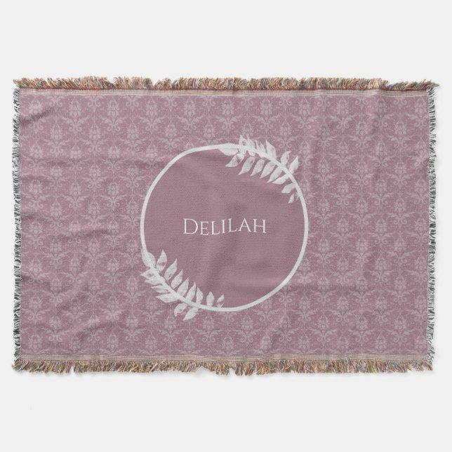 Mauve Elegant Damask Personalized Throw Blanket (Front)