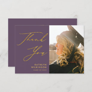 Mauve Elegant Gold Script Photo Graduation Thank You Card
