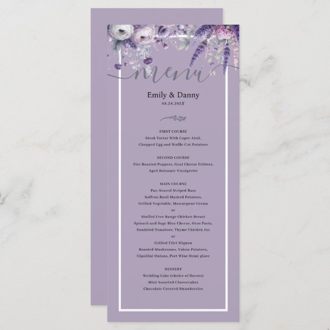 Mauve Elegant Lavender Botanical Mariage Menu (Devant / Derrière)