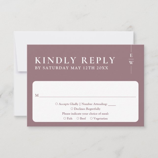Mauve Elegant Modern Minimalist Monogram Wedding RSVP Card (Front)