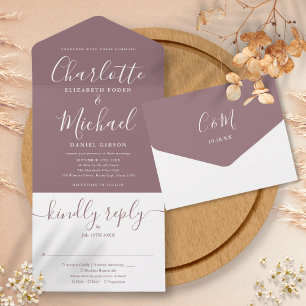 Mauve Elegant Modern Script Minimalist Wedding All In One Invitation