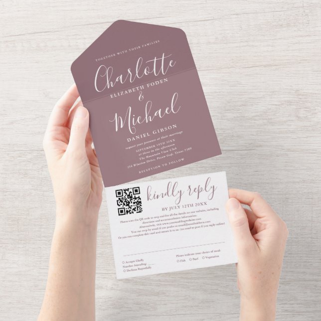 Mauve Elegant Modern Script QR Code Wedding All In One Invitation (Tearaway)
