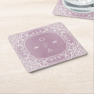 Mauve elegant romantic vintage monogram square paper coaster