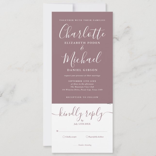 Mauve Elegant Script All In One Photo Wedding Invitation (Front)