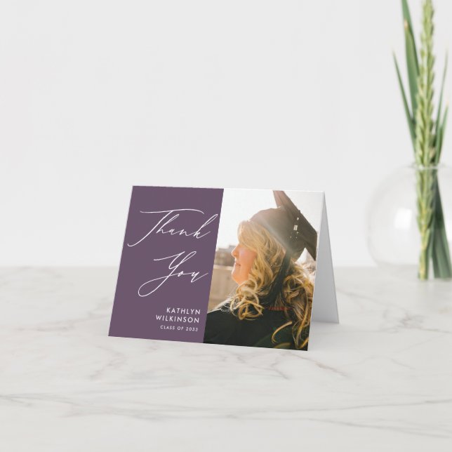 Mauve Elegant Script Minimalist Photo Graduation Thank You Card (Front)