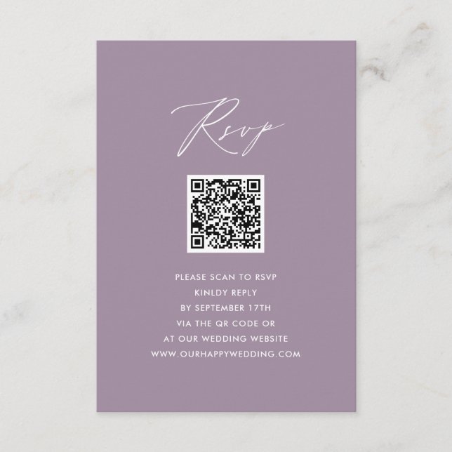 Mauve Elegant Script Minimalist QR Wedding RSVP Enclosure Card (Front)