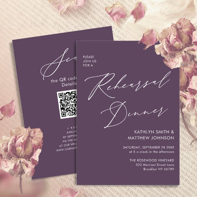 Mauve Elegant Script Rehearsal Dinner Minimal QR Invitation (Creator Uploaded)