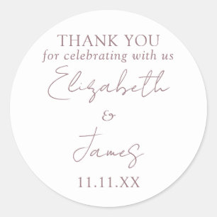 Mauve Elegant Script Wedding Thank You Classic Round Sticker