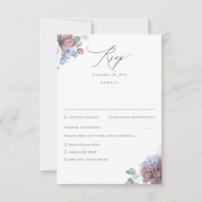 Mauve et Dusty Blue Floral Wedding RSVP (Devant)