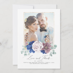 Mauve et Marine Blue Floral Mariage Carte de remer