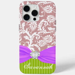 Mauve Faux Rhinstone Personalized Damask iPhone 15 Pro Max Case