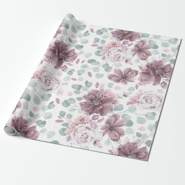 Mauve Floral and Eucalyptus Leaves Elegant Wrapping Paper (Unrolled)