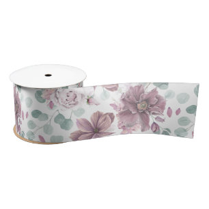Mauve Floral and Greenery Pattern Elegant Satin Ribbon