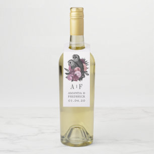 Mauve Floral Glam Gothic Owls Wedding Bottle Hange Tag
