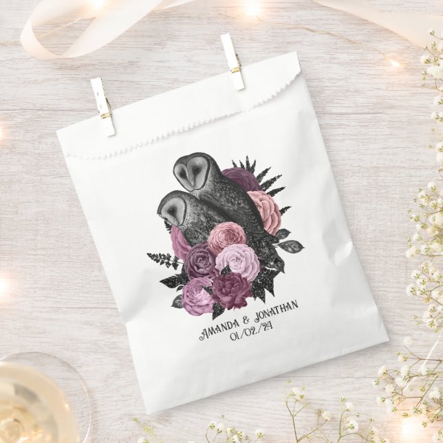 Mauve Floral Glam Gothic Owls Wedding Favour Bag (Clipped)