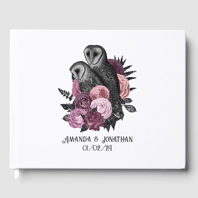 Mauve Floral Glam Gothic Owls Wedding Guest Book (Front)