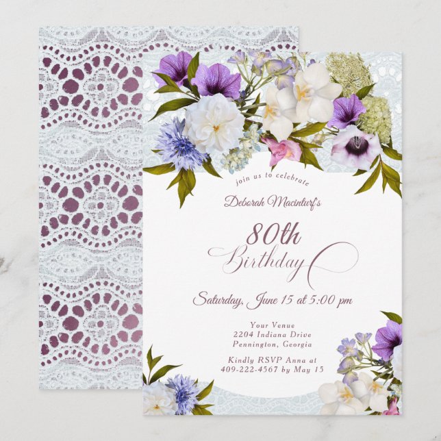 Mauve Floral Grandma's Garden 80th Invitation (Front/Back)
