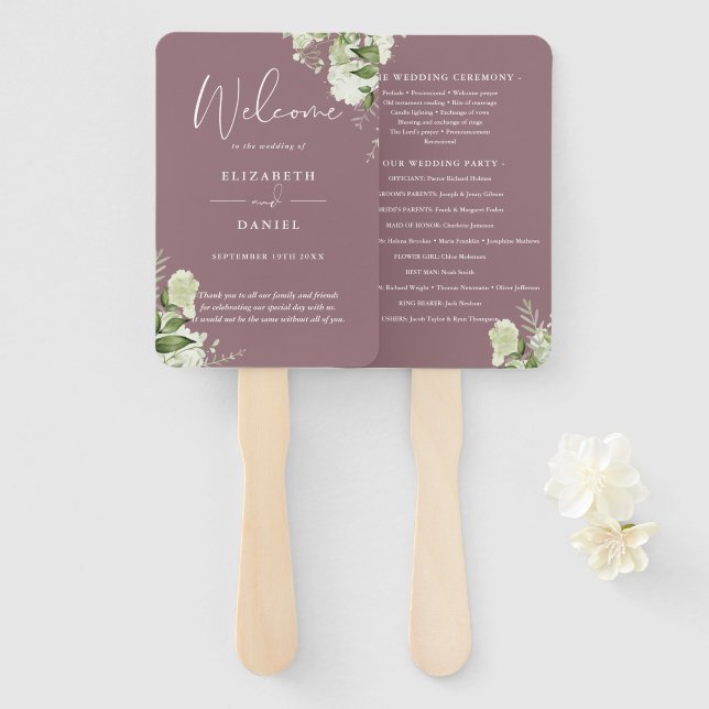 Mauve Floral Greenery Wedding Program Hand Fan (Front and Back)