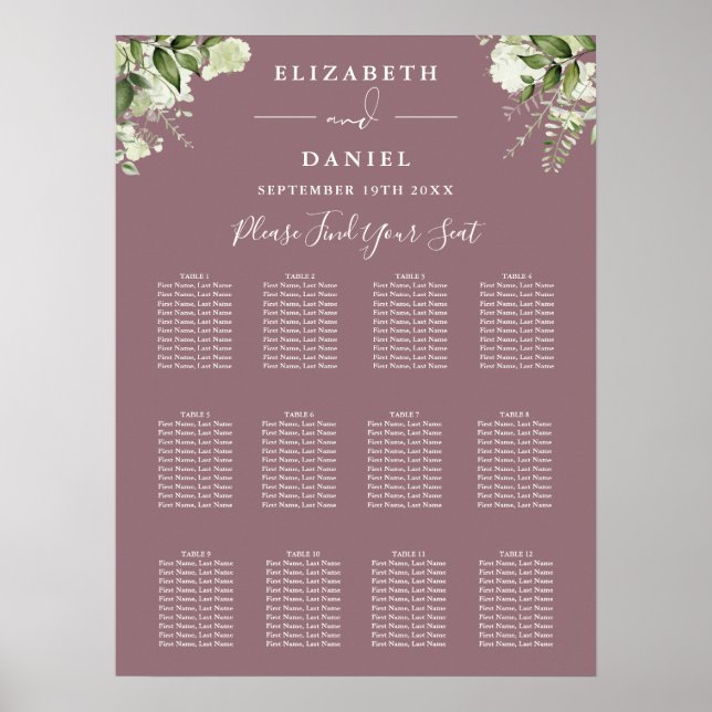 Mauve Floral Greenery Wedding Seating Chart (Front)