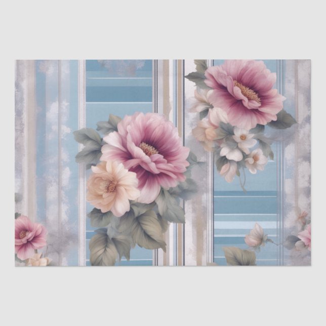 Mauve Floral nosegays Antiqued Blue Tissue Paper (Front)