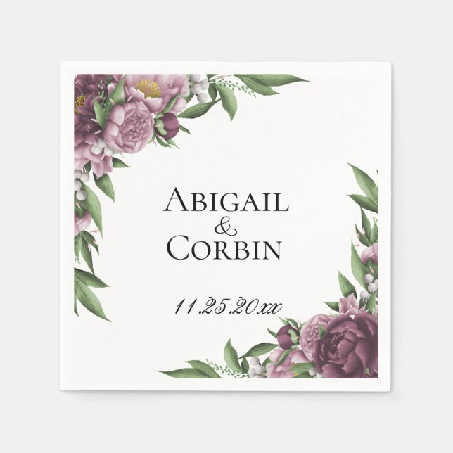Mauve Floral Personalized Wedding Paper Napkins (Front)