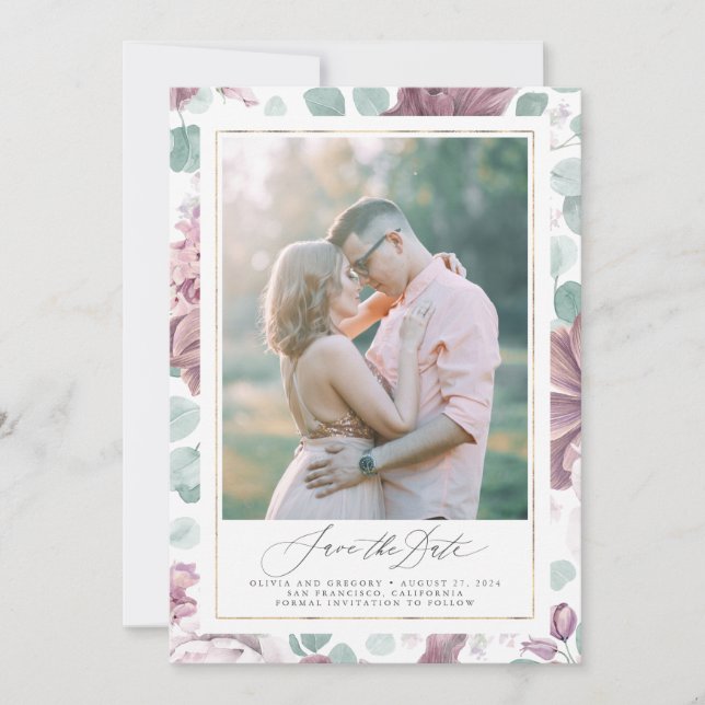 Mauve Floral Photo Save The Date Cards (Front)