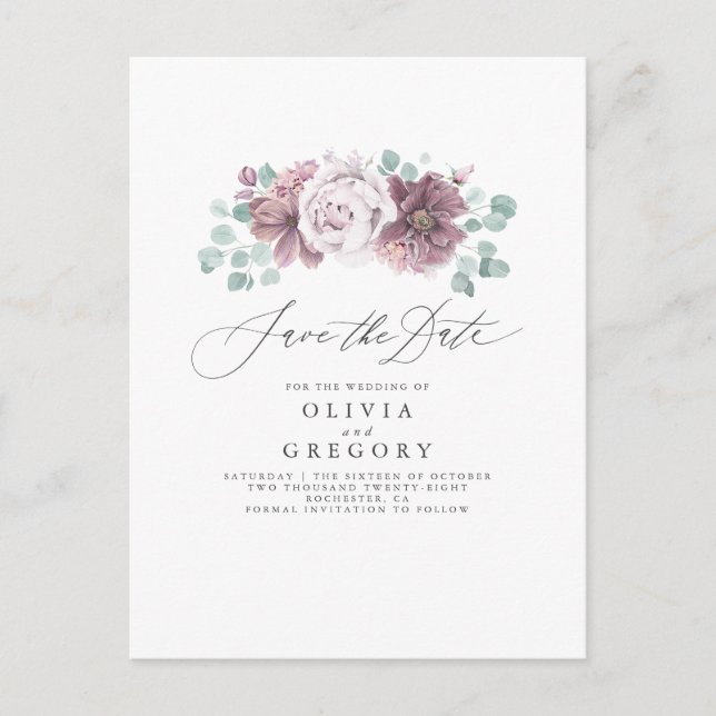 Mauve Floral Save The Date Announcement Postcard (Front)