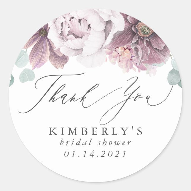 Mauve Floral Thank You Classic Round Sticker (Front)