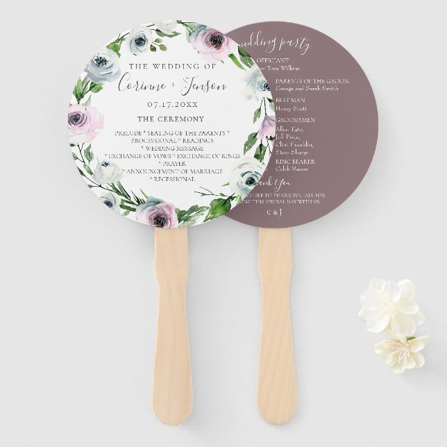 Mauve Floral Wedding Program Hand Fans (Front and Back)