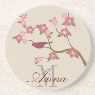 Mauve Flower Bird Custom Name Coaster Grey