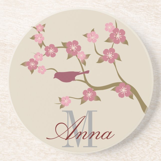 Mauve Flower Bird Custom Name Coaster Grey (Front)