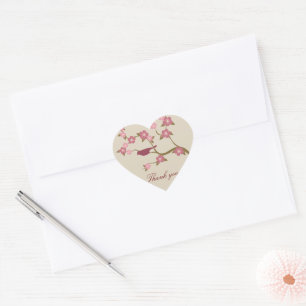 Mauve Flower Bird Thank You Heart Sticker Grey
