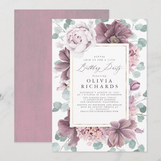Mauve Flowers and Greenery Elegant Modern Birthday Invitation (Front/Back)