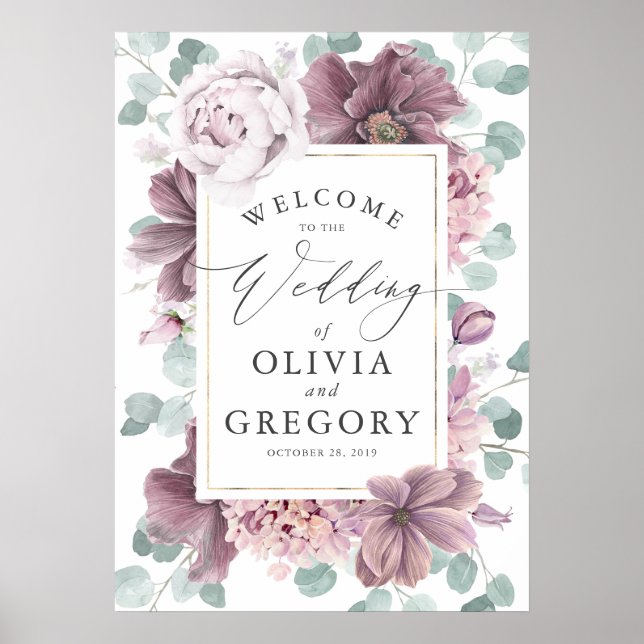 Mauve Flowers Elegant Greenery Wedding Welcome Poster (Front)