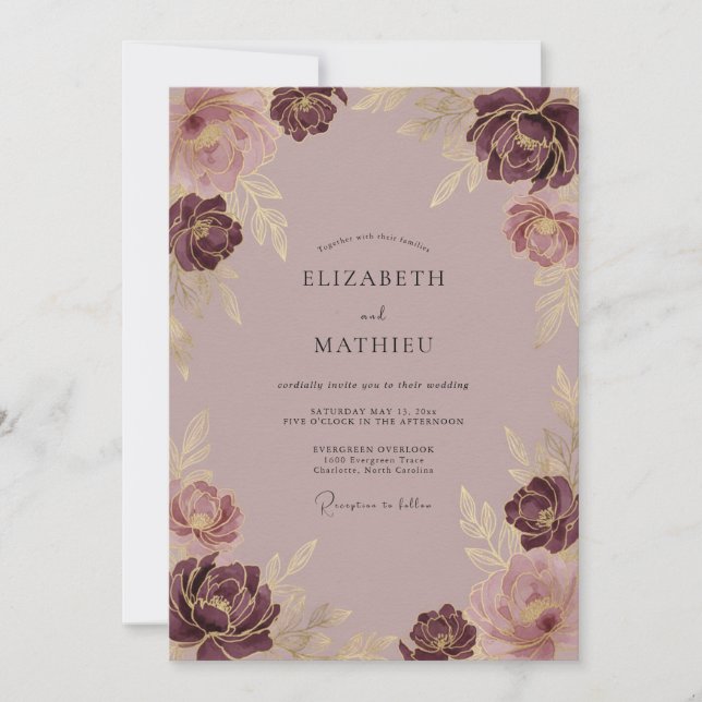 Mauve Gilded Bloom Wedding Invitation (Front)