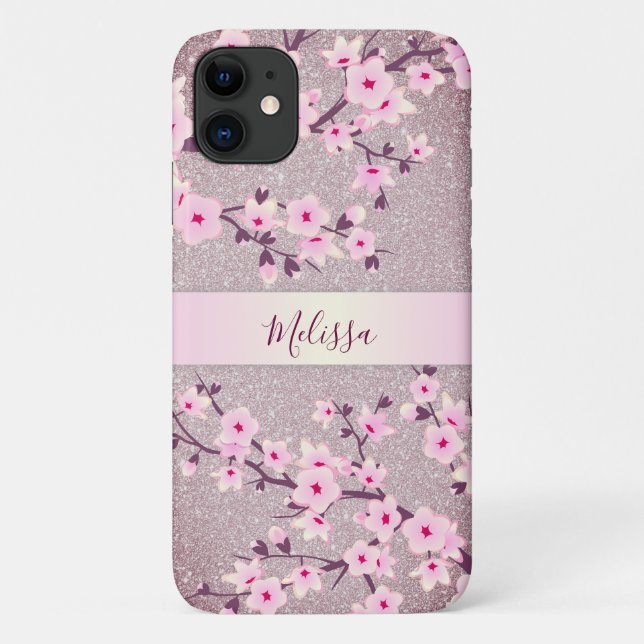 Mauve Glitter Floral Cherry Blossoms Monogram Case-Mate iPhone Case (Back)