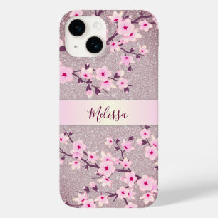 Mauve Glitter Floral Cherry Blossoms Monogram Case-Mate iPhone 14 Case