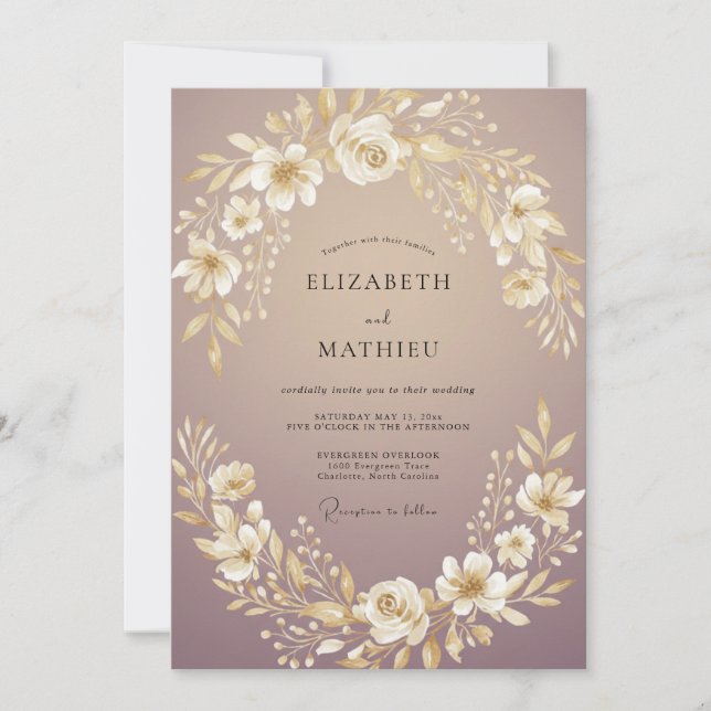 Mauve Gold Blossom Wedding Invitation (Front)