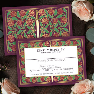 Mauve Gold Floral Sword Royal Wedding RSVP Card