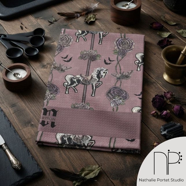 Mauve Gothic Carousel Horse Kitchen Towel (This Mauve Gothic Carousel Horse Kitchen Towel features hand-drawn chic noir kitchen decor art)