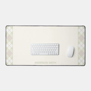 Mauve Green Plaid Trim on Light Yellow with Name Desk Mat