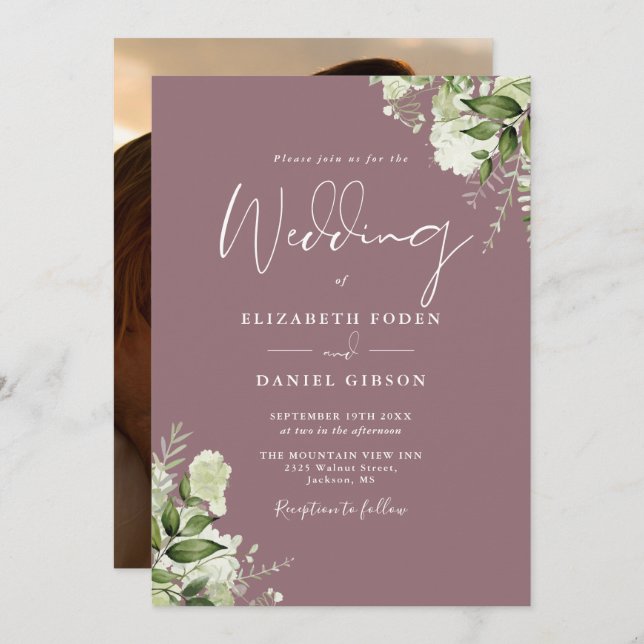 Mauve Greenery Floral Elegant Photo Wedding Invitation (Front/Back)